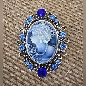 Blue Rhinestone Cameo Brooch